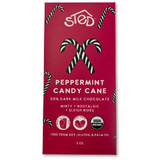 Red chocolate bar with peppermint candy cane design, Sted brand, USDA organic.