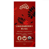 Red Sted Lingonberry Bliss chocolate bar. Features berries, leaves, and text.