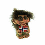 Troll figurine holding a Norwegian flag. Brown hair, smiling face, green pants, and a white background.