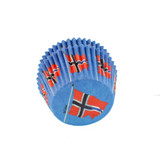 Blue cupcake liner with Norwegian flag design, paper, angled view.