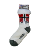 White slipper sock with Norwegian flag design, gray heel and toe, Rock Expedition brand.