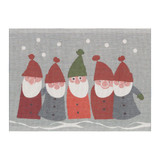 Ekelund Tomtemote placemat with five gnome figures, red and green hats, gray coats, and falling snow.