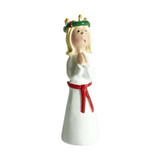 Ceramic Lucia figure, white dress, red sash, green wreath with candles, blonde hair.