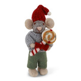 Handmade felt mouse ornament, wearing a red hat and holding a lollipop and candy cane.