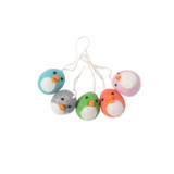 Set of five felt bird ornaments in various colors, with string for hanging.