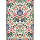 White cotton tea towel with a repeating rooster and floral pattern in red, blue, green, and orange.