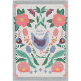 Easter-themed kitchen towel with a chicken and floral design; made of woven cotton.