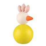 Wooden yellow rooster ornament with pink accents and orange beak.