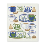 Blue and green patterned dishcloth with coffee cups and pastries.