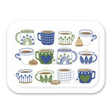White tray with illustrated blue and green mugs. Birch wood.
