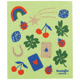 Green dishcloth with lucky icons: rainbow, dice, ladybugs, cherries, clover, cards.