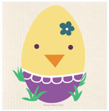 Yellow Easter egg with purple bottom, green grass, and a blue flower.