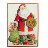Santa Claus advent calendar card, red and white, with numbers and a green wreath.