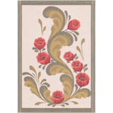Rectangular tea towel with red floral design, gold leaves, and a gray border. Woven cotton.