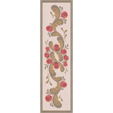 Ekelund table runner with red floral design on beige fabric, framed with a brown border.