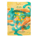 Yellow bag of BonBon Sour Peach Fish Swedish candy, with abstract green and pink shapes.