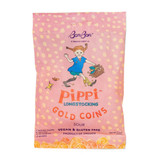 Pink bag of Pippi Longstocking Gold Coin sour gummies with illustration