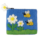 Blue felt coin purse with embroidered daisies and bumblebees.