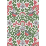 Woven kitchen towel featuring a symmetrical pattern of red berries, green leaves, and grey birds.