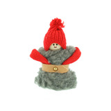 A small Swedish Jultomtar figurine wearing a grey fur coat, red knit hat, mittens, and a tan belt.