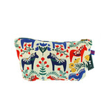 White Steller cosmetic bag featuring a colorful Scandinavian Dalahorse folk art pattern.