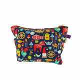 A dark blue cotton cosmetic bag featuring a colorful Nordic folk art pattern.