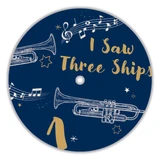 Dark blue miniature record with gold text "I Saw Three Ships", white trumpets, and musical notes.