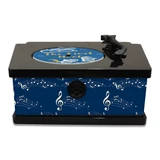 Black miniature gramophone advent calendar with blue music-themed front panel and a decorative record on top.