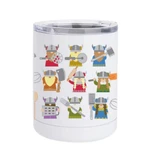 White 10oz insulated tumbler featuring a pattern of colorful Viking gnomes holding kitchen utensils.