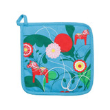 Light blue Cindor cotton pot holder featuring red Dala horses, flowers, and green kurbits patterns.
