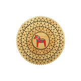 Large round wooden trivet made of natural interlocking hearts featuring a red Dala horse in the center.