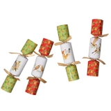 Four Caspari holiday crackers with green and red pear patterns, white centers, and gold bows.
