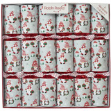 Box of 6 Robin Reed handmade Christmas crackers featuring a festive gnome and mushroom pattern in red, white, and grey.