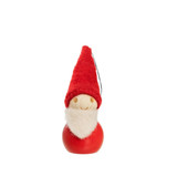 Aarikka wooden Tonttu elf ornament in red and white with a felt hat and beard.