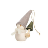 Wooden elf ornament wearing a gray felt hat, white wool scarf, and holding a green tree with string.