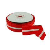 Red and white striped ribbon on a spool, grosgrain material, angled view.