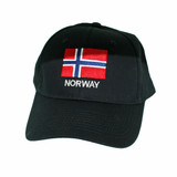 Black cotton cap with Norway flag embroidery. Angled view.