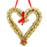 Braided straw heart with red ribbon, hanging. Natural and red colors. Front view.