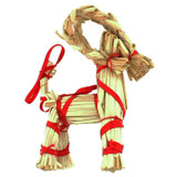 Straw goat figurine, woven straw, red ribbon, standing, front view, neutral background.