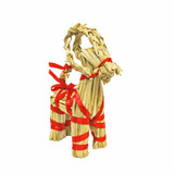 Straw goat figurine, tan straw, red ribbon, side view, holiday decor.