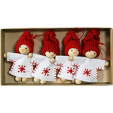 Four Tomte Santa Girl ornaments in a box; red knit hats, white felt dresses, wooden bodies.