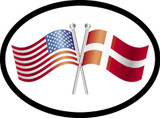Two crossed flags, USA and Denmark, inside a black oval.