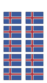 Ten Iceland flag stickers, blue, red, and white, arranged in rows.