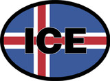 Oval decal, Icelandic flag design, blue, red, white, black "ICE" text, reflective vinyl.
