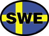 Oval Sweden flag decal with blue, yellow, and black colors. "SWE" text.