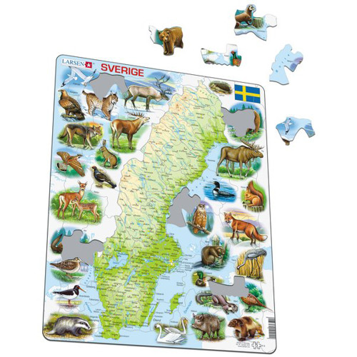 Larsen Sverige puzzle of Sweden's map and wildlife with loose puzzle pieces.