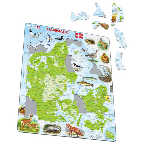 Larsen Danmark puzzle tray showing a physical map of Denmark with scattered pieces above