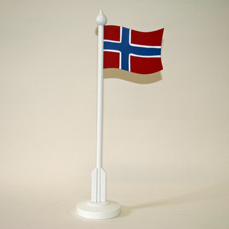Small Norway table flag on a white wooden pole and base, red and blue design