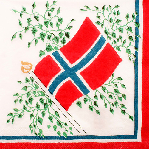 Norway flag paper napkin, red, blue, white, green, floral design, 3-ply paper, folded, square.