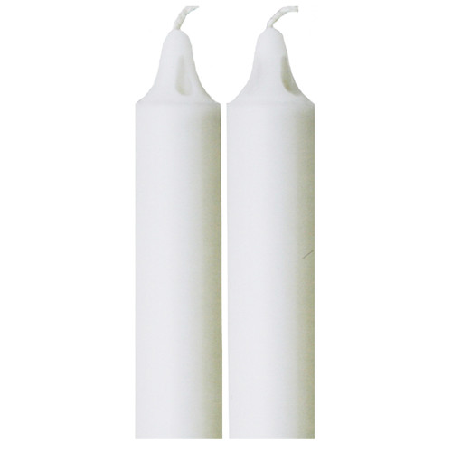Two white taper candles with channel designs near the wicks stand side-by-side.
